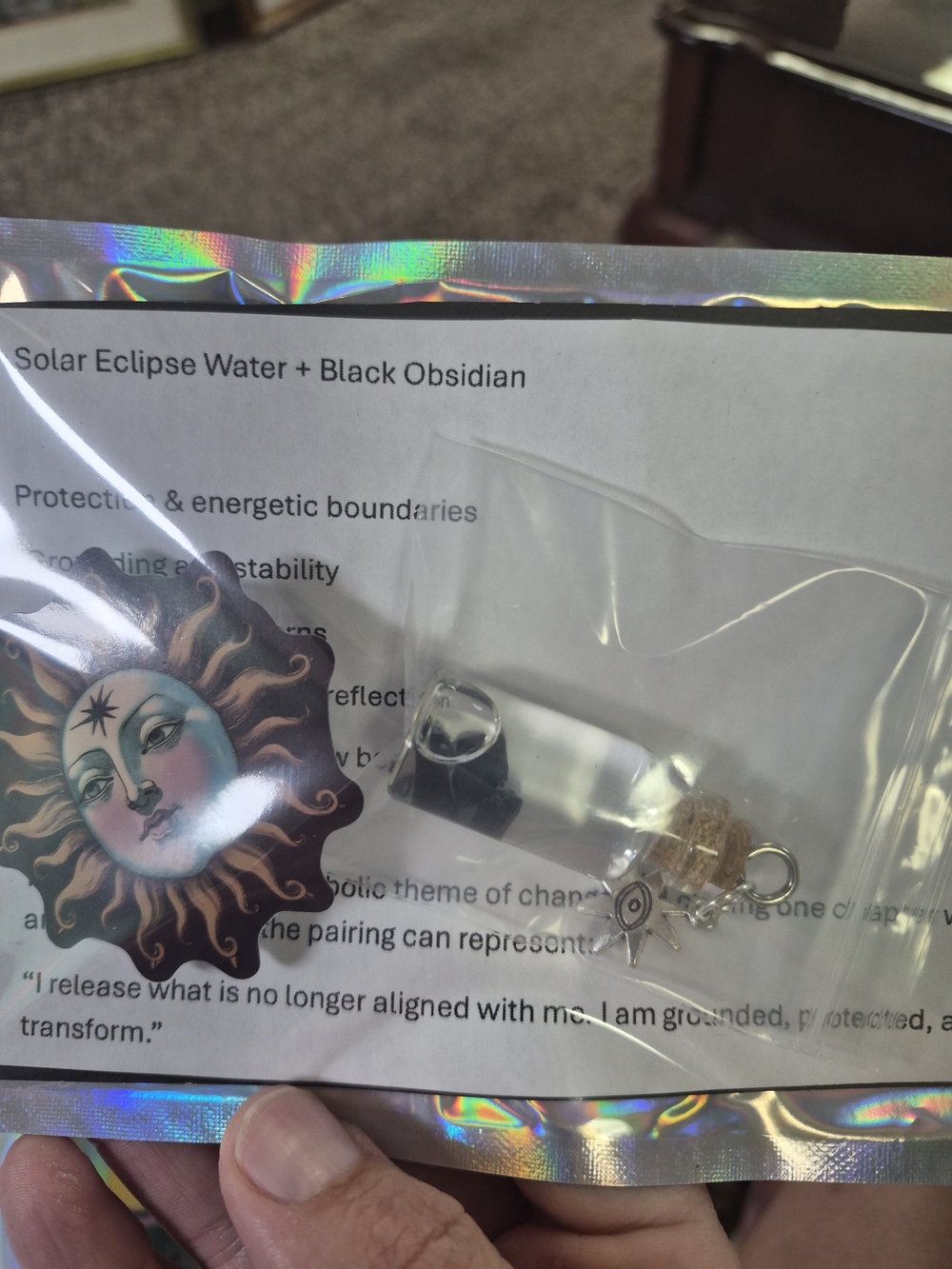 Solar Eclipse Black Obsidian & Clear Crystal Charm Necklace